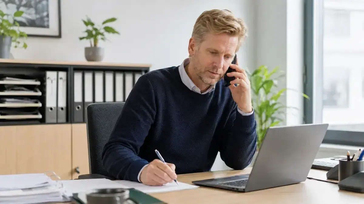 Mitarbeiterin im telefonischen Kundengespräch an einem Laptop mit sachlichem Partnerschaftssymbol – Symbolbild zum Beitrag „Inkasso für Unternehmen: Wann sich die externe Auslagerung rechnet“.