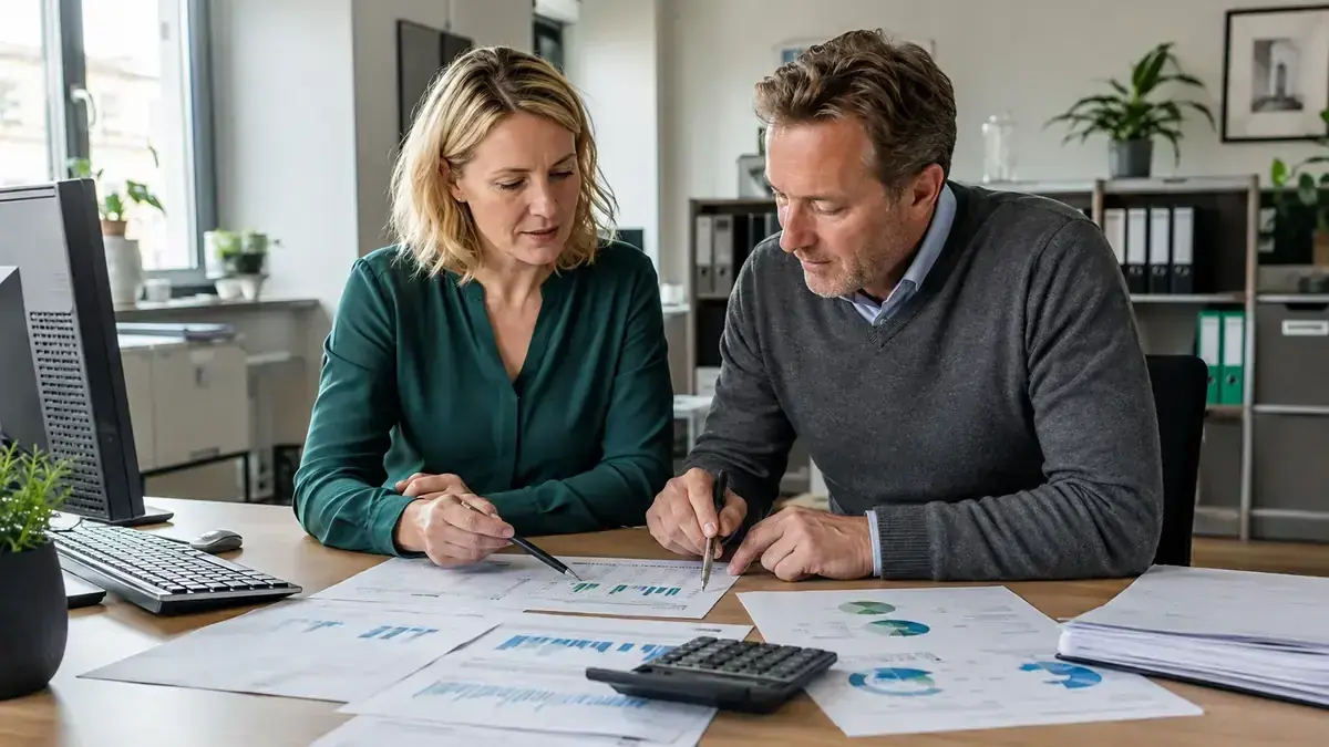 Financial metrics, charts and a calculator with clear performance chart – editorial image for “Business debt collection: what DSO, aging and recovery rate show”.
