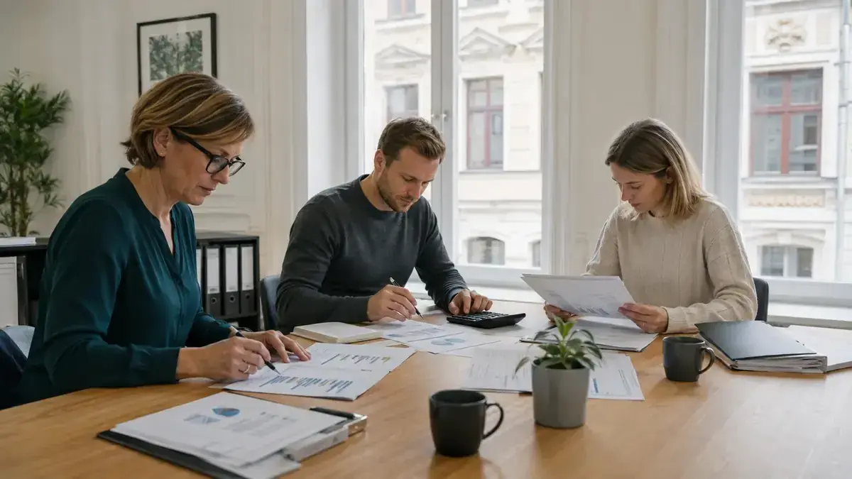 Finanzkennzahlen, Diagramme und ein Taschenrechner mit Unternehmenssymbol – Symbolbild zum Beitrag „Inkasso gegen Verbraucher: Was Unternehmen bei Ansprache und Kosten beachten müssen“.