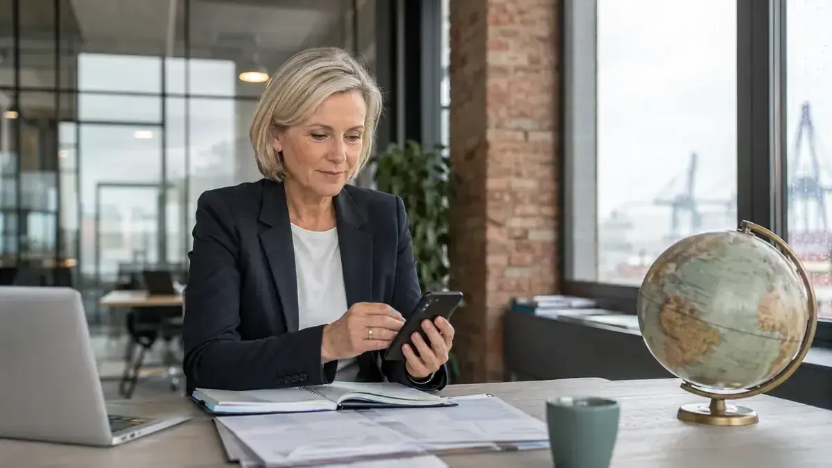 Mitarbeiterin mit Smartphone in einem transparenten modernen Büro mit Globus für grenzüberschreitende Fälle – Symbolbild zum Beitrag „Inkasso im Ausland: Die wichtigsten Schritte bei grenzüberschreitenden Forderungen“.