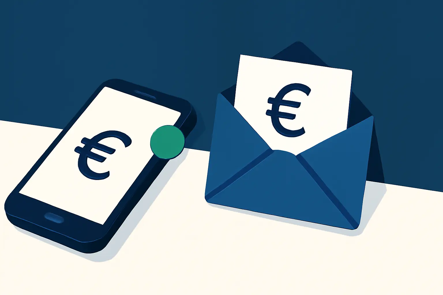 Smartphone und Briefumschlag auf ruhiger Fläche mit mintgrünem Hinweispunkt – Symbolbild zum Thema Inkasso