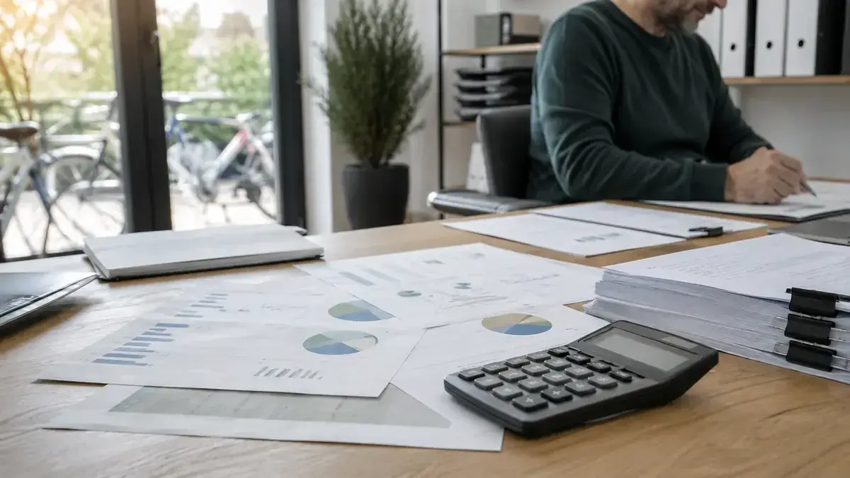 Finanzkennzahlen, Diagramme und ein Taschenrechner mit Unternehmenssymbol – Symbolbild zum Beitrag „Inkasso im B2B-Geschäft: Verzugszinsen und 40-Euro-Pauschale richtig einordnen“.