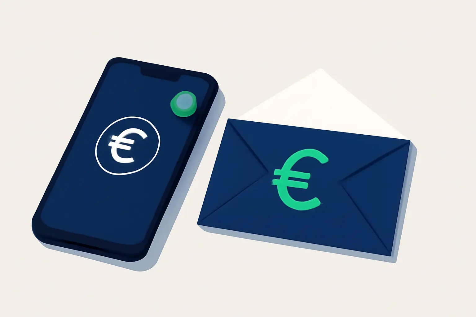 Smartphone und Briefumschlag auf ruhiger Fläche mit mintgrünem Hinweispunkt – Symbolbild zum Thema Inkasso