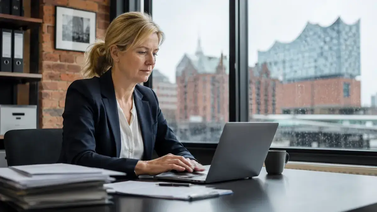 Digital invoice processing on a laptop with digital invoice document – editorial image for “Debt collection in the e-invoicing era: which invoice data speeds up debt recovery”.