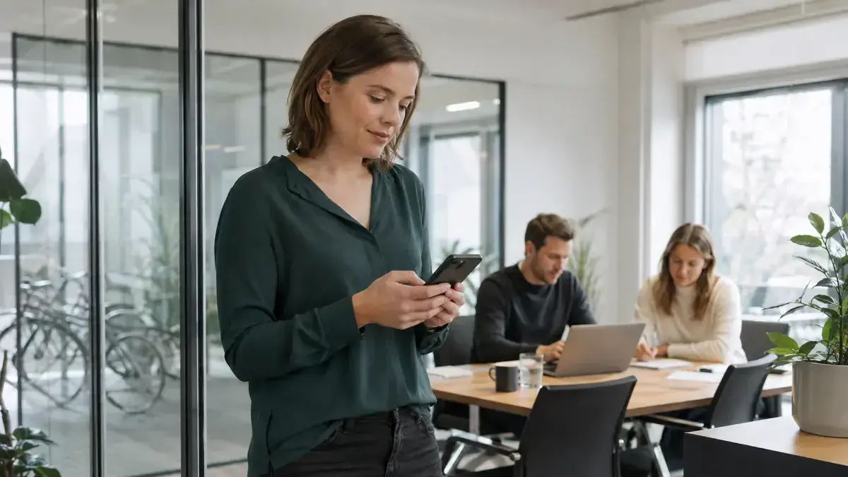 Mitarbeiterin mit Smartphone in einem transparenten modernen Büro mit digitalem Prozessnetzwerk – Symbolbild zum Beitrag „Inkasso mit KI: Transparenzpflichten für Chatbots und automatisierte Kommunikation“.