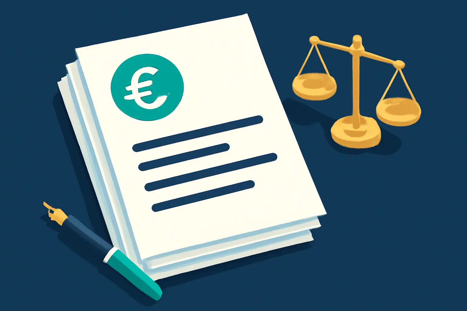 Desk from above with a stack of documents, a fountain pen and a small scale – illustration for the topic Debt collection