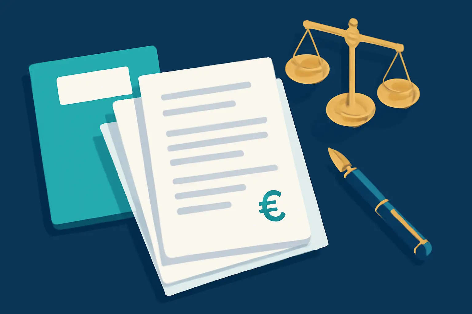 Desk from above with a stack of documents, a fountain pen and a small scale – illustration for the topic Debt collection