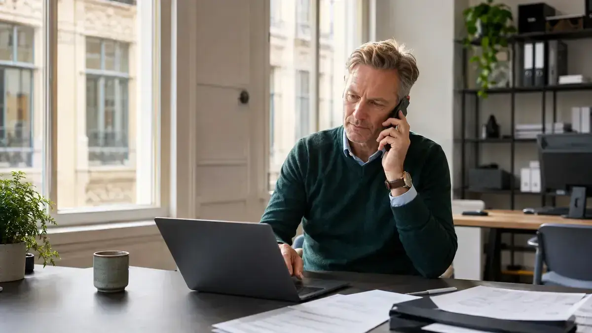 Business owner on a phone call beside a laptop with personal business communication – editorial image for “Debt collection without losing customers: how objective communication protects relationships”.