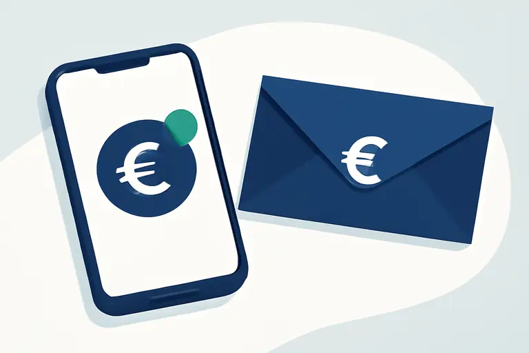 Smartphone und Briefumschlag auf ruhiger Fläche mit mintgrünem Hinweispunkt – Symbolbild zum Thema Inkasso