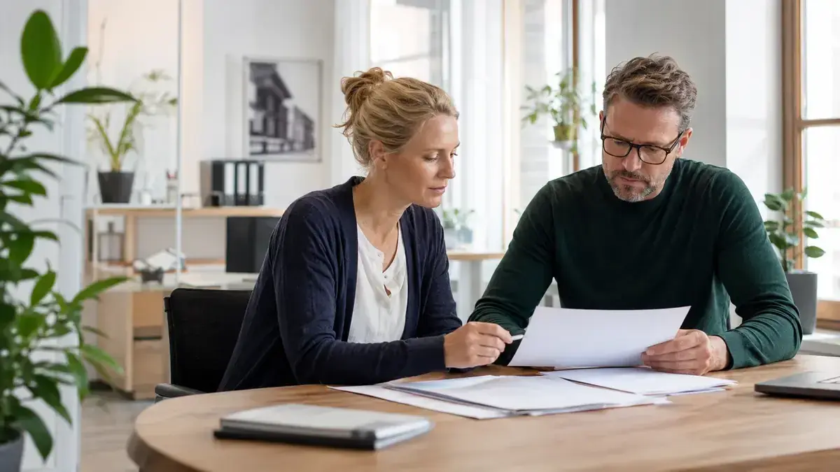 zwei Fachleute bei der gemeinsamen Prüfung eines Geschäftsvorgangs mit Datenschutzschild – Symbolbild zum Beitrag „Inkasso und Datenschutz: Welche Schuldnerdaten verarbeitet werden dürfen“.
