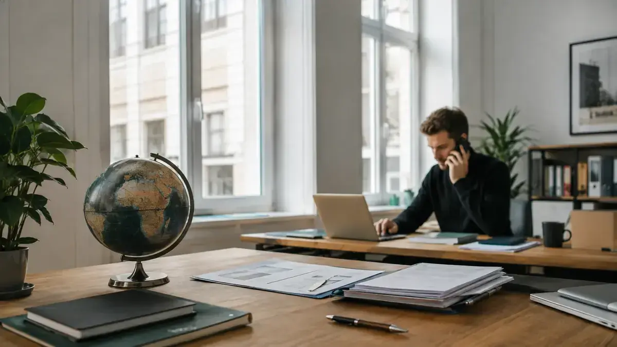 Mitarbeiter im modernen Büro mit Laptop und Telefon mit Globus für grenzüberschreitende Fälle – Symbolbild zum Beitrag „Inkasso und EU-Zahlungsverzug: Stand der geplanten Late-Payment-Regeln“.