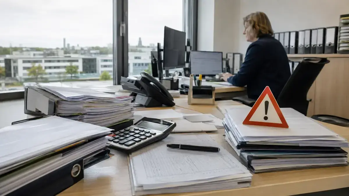 Buchungslisten, Belege und Rechenmittel auf einem Schreibtisch mit Warnsymbol und Unternehmensunterlagen – Symbolbild zum Beitrag „Offene Posten 2026: Was steigende Insolvenzen für das OP-Management bedeuten“.