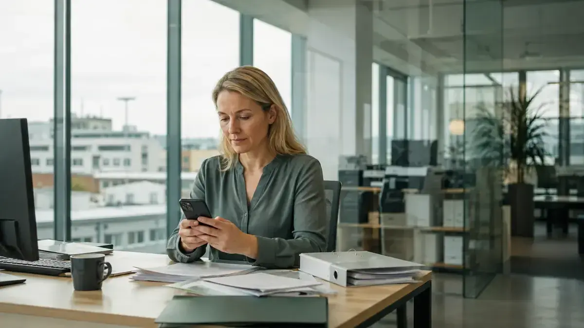 Professional using a smartphone in a transparent modern office with digital process network – editorial image for “Open receivables automation: rules for reminders, dunning notices and handovers”.