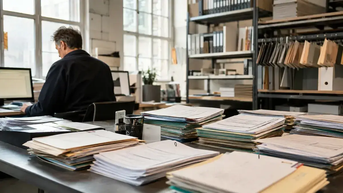 sortierte Rechnungen und Geschäftsunterlagen mit strukturierter Offene-Posten-Tabelle – Symbolbild zum Beitrag „Offene Posten beim Monatsabschluss: Die Abstimmungs-Checkliste“.