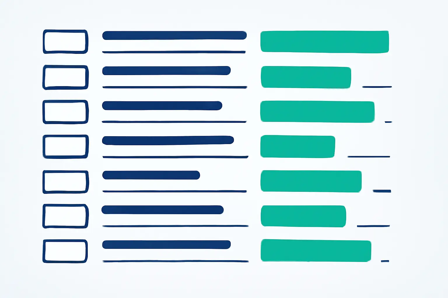 Rows of aligned rectangles like a ledger, some filled in mint – illustration for the topic Open items
