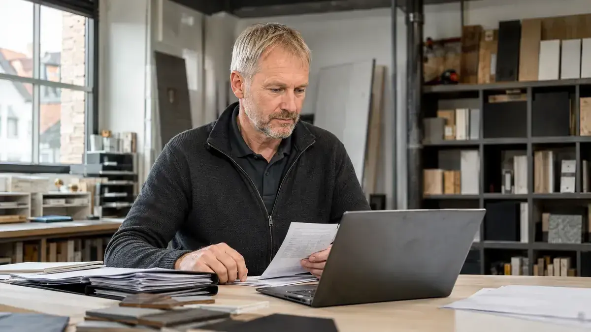Digital invoice processing on a laptop with auditable data symbol – editorial image for “Open receivables documented in GoBD-compliant form: how to keep changes and records traceable”.