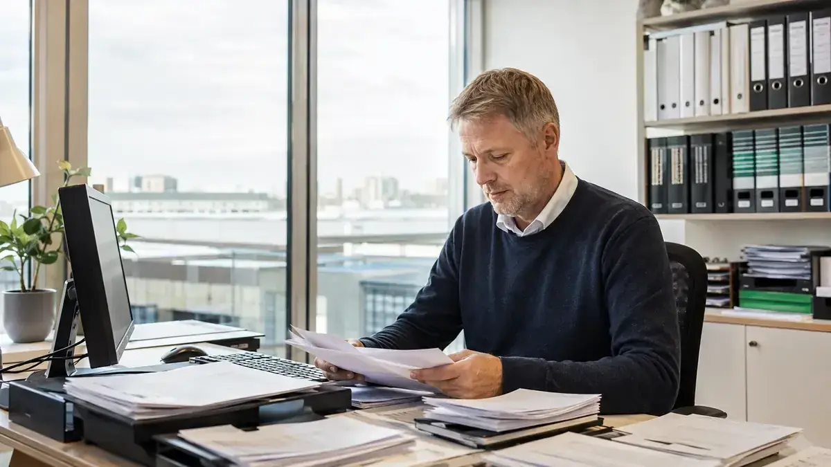 Organised invoices and business records with structured open-item table – editorial image for “Open receivables in accounting software: requirements for workflow and export”.