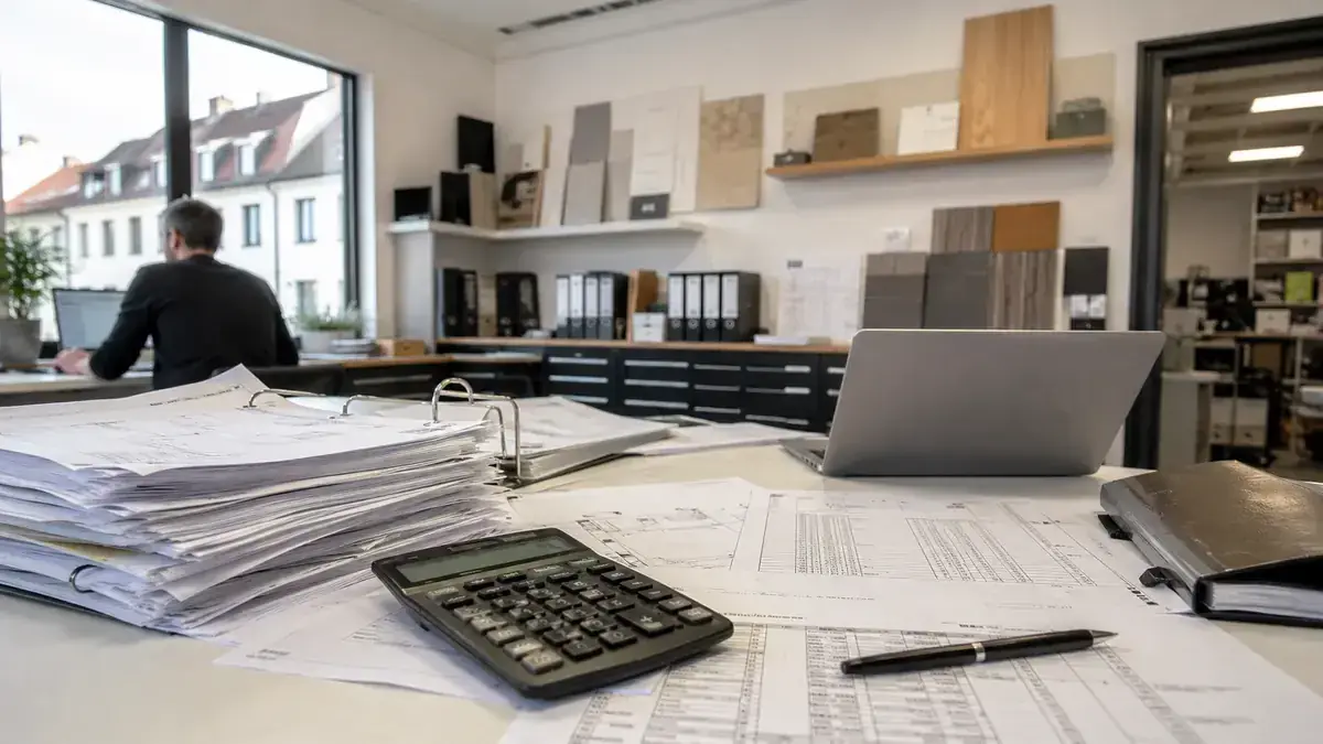 Taschenrechner, Belege und Finanzunterlagen mit strukturierter Offene-Posten-Tabelle – Symbolbild zum Beitrag „Offene Posten in Excel verwalten: Eine belastbare Struktur für kleine Unternehmen“.