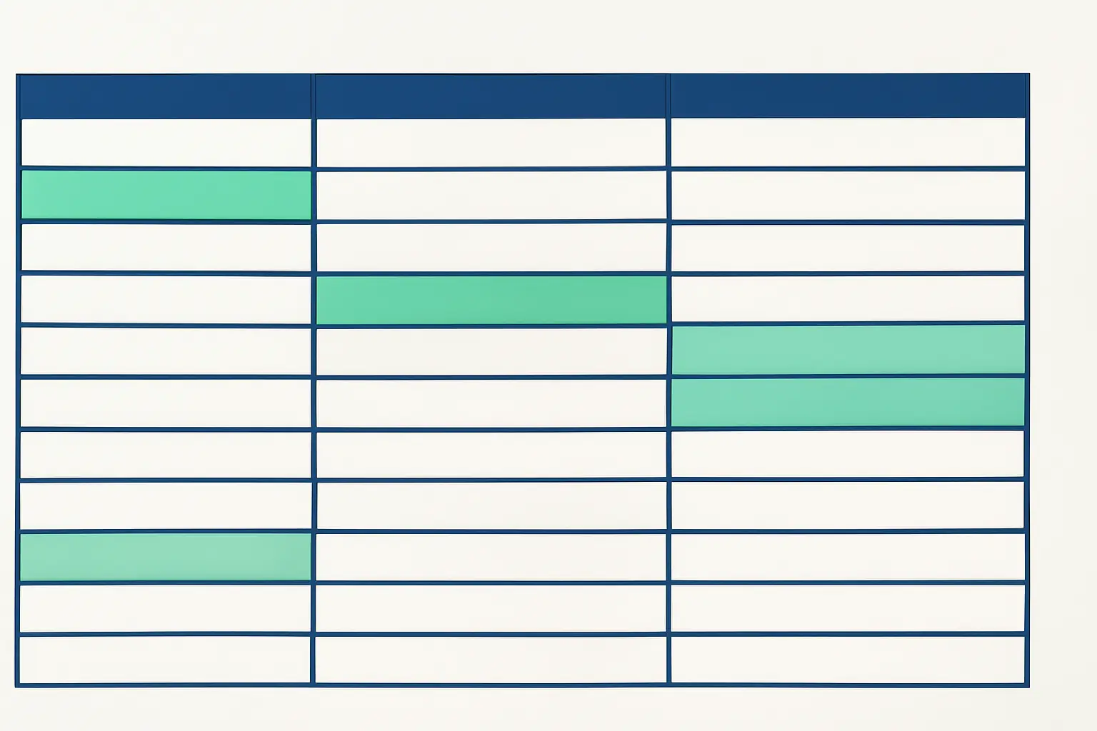 Filas de rectángulos alineados como un libro mayor, algunos en verde menta – imagen sobre el tema Partidas abiertas