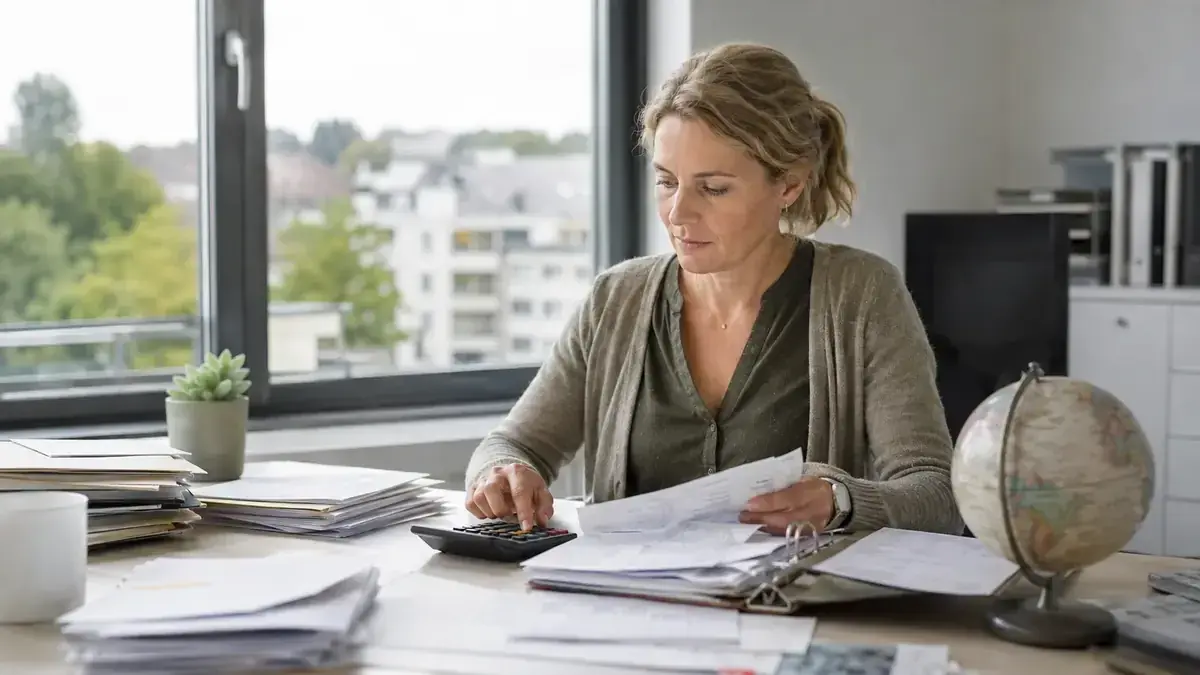 Taschenrechner, Belege und Finanzunterlagen mit Globus für grenzüberschreitende Fälle – Symbolbild zum Beitrag „Offene Posten in Fremdwährungen: Wechselkurse und Differenzen handhaben“.