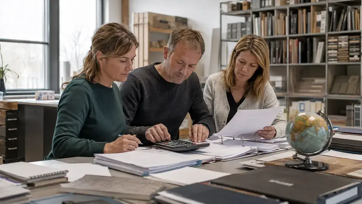 Calculator, receipts and financial records with globe for cross-border cases – editorial image for “Open receivables in corporate groups: how to reconcile debtors across entities”.