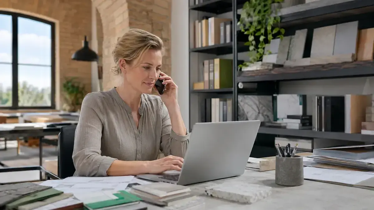 Mitarbeiterin im telefonischen Kundengespräch an einem Laptop mit persönlicher Geschäftskommunikation – Symbolbild zum Beitrag „Offene Posten kundenfreundlich ansprechen: Vorlagen für Erinnerung und Mahnung“.