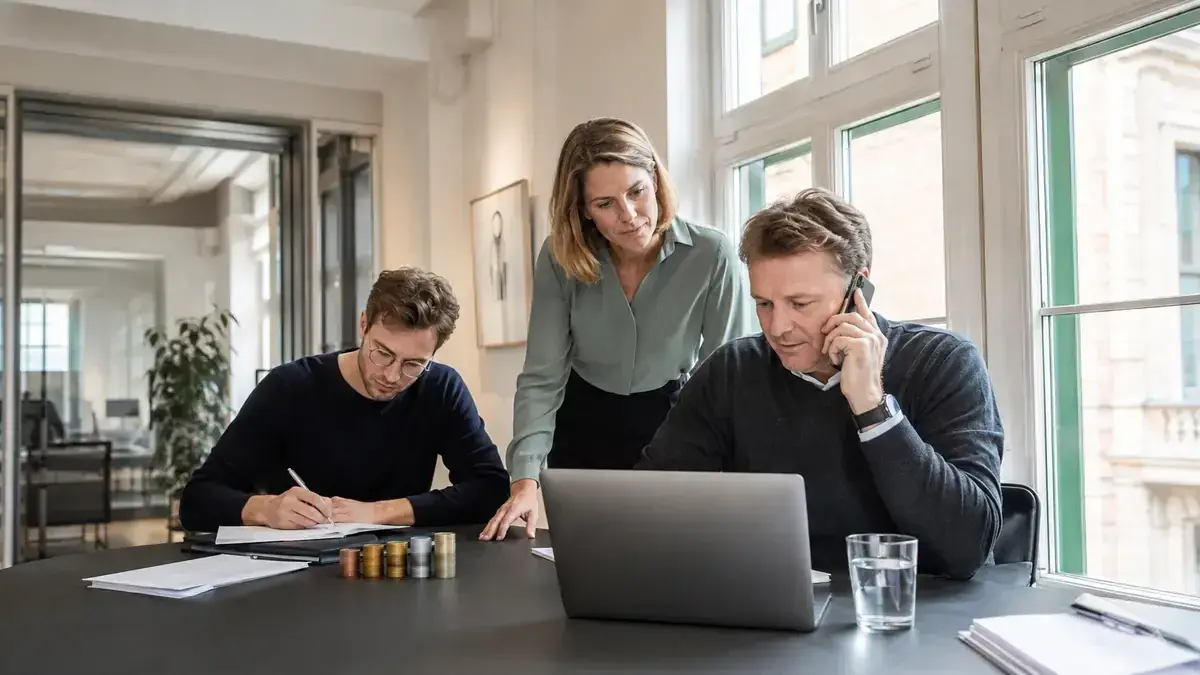 Unternehmer im telefonischen Austausch am Laptop mit geordneten Münzsymbolen – Symbolbild zum Beitrag „Offene Posten mit Bagatellgrenzen steuern: Wann kleine Beträge trotzdem relevant sind“.