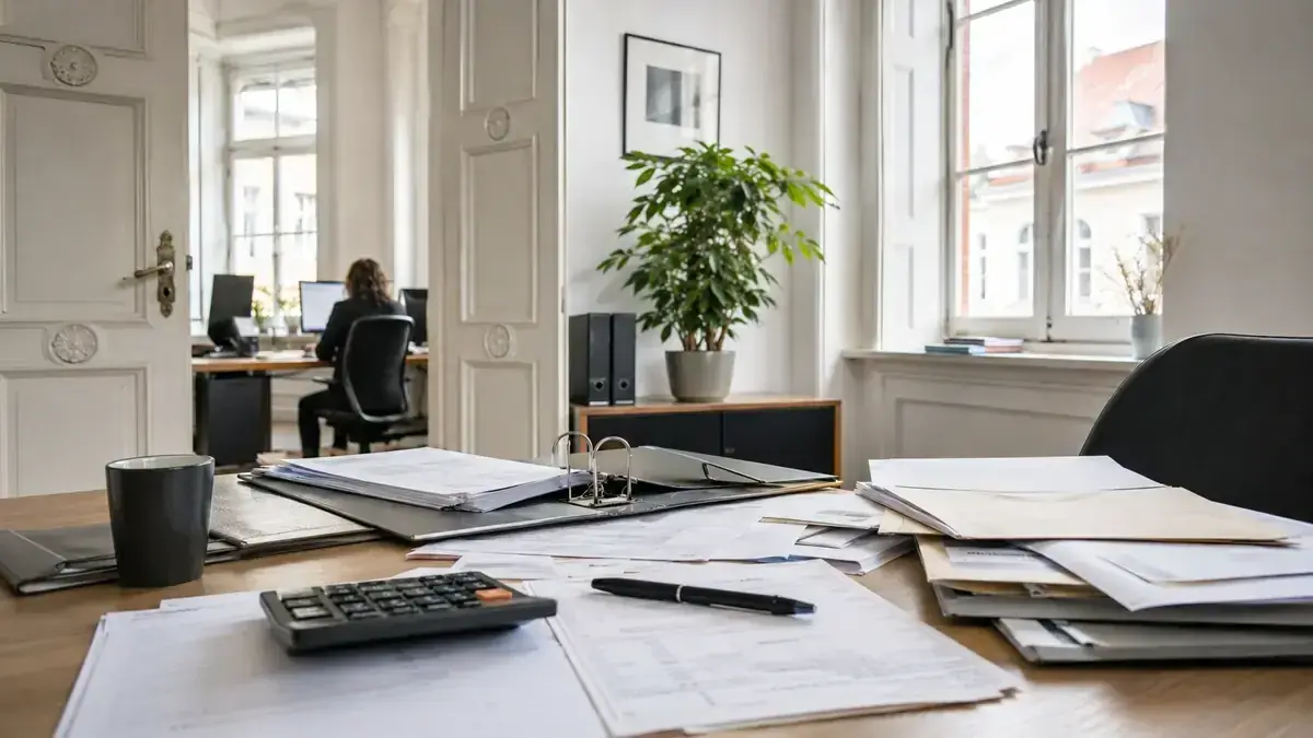 Taschenrechner, Belege und Finanzunterlagen mit strukturierter Offene-Posten-Tabelle – Symbolbild zum Beitrag „Offene Posten mit Bankumsätzen abstimmen: So vermeiden Sie Scheinforderungen“.