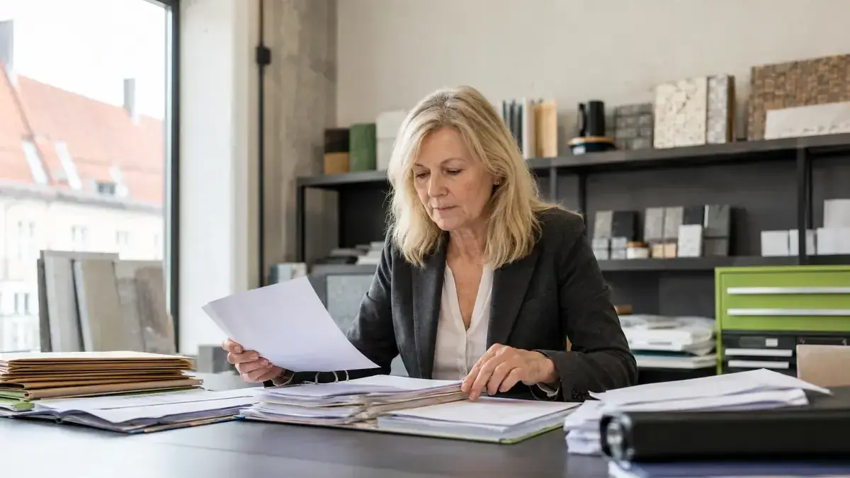 Organised invoices and business records with review symbol for evidence and objections – editorial image for “Open receivables with objections: how to separate clarification cases from real arrears”.