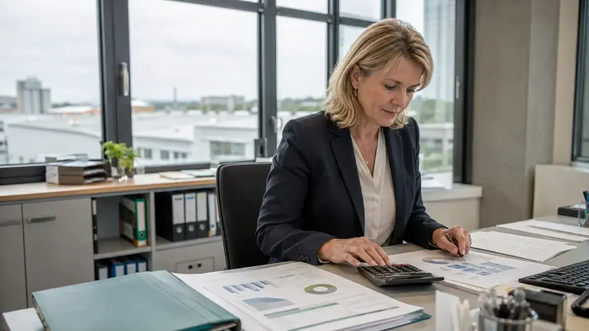 Finanzkennzahlen, Diagramme und ein Taschenrechner mit klarer Kennzahlen-Grafik – Symbolbild zum Beitrag „Offene Posten nach Risiko priorisieren: Ein Scoring für Betrag, Alter und Bonität“.