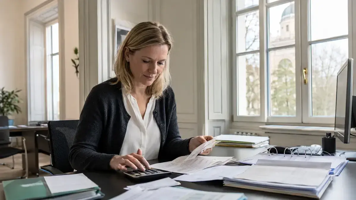 Taschenrechner, Belege und Finanzunterlagen mit aufgeteiltem Zahlungssymbol – Symbolbild zum Beitrag „Offene Posten nach Teilzahlungen: Restbeträge automatisch fortschreiben“.
