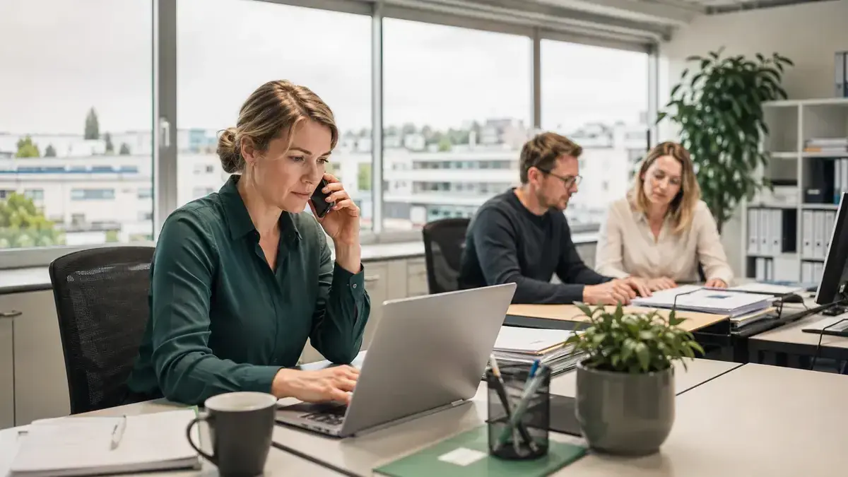 Mitarbeiterin im telefonischen Kundengespräch an einem Laptop mit strukturiertem Prozessdiagramm – Symbolbild zum Beitrag „Offene Posten professionell managen: Der vollständige Prozess“.