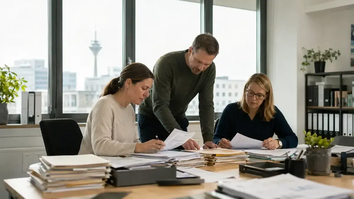 sortierte Rechnungen und Geschäftsunterlagen mit Kalender und Fristmarkierung – Symbolbild zum Beitrag „Offene Posten reduzieren: Zehn wirksame Hebel vor und nach Fälligkeit“.