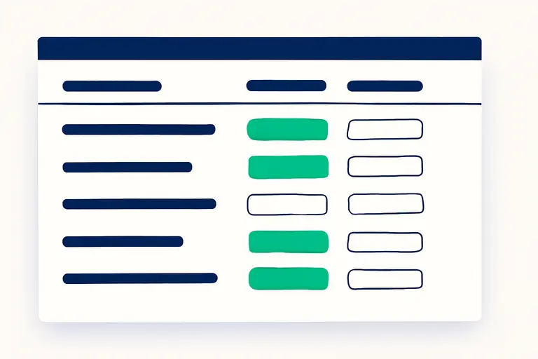 Reihen ausgerichteter Rechtecke wie ein Kontobuch, einige mintgrün gefüllt – Symbolbild zum Thema Offene Posten