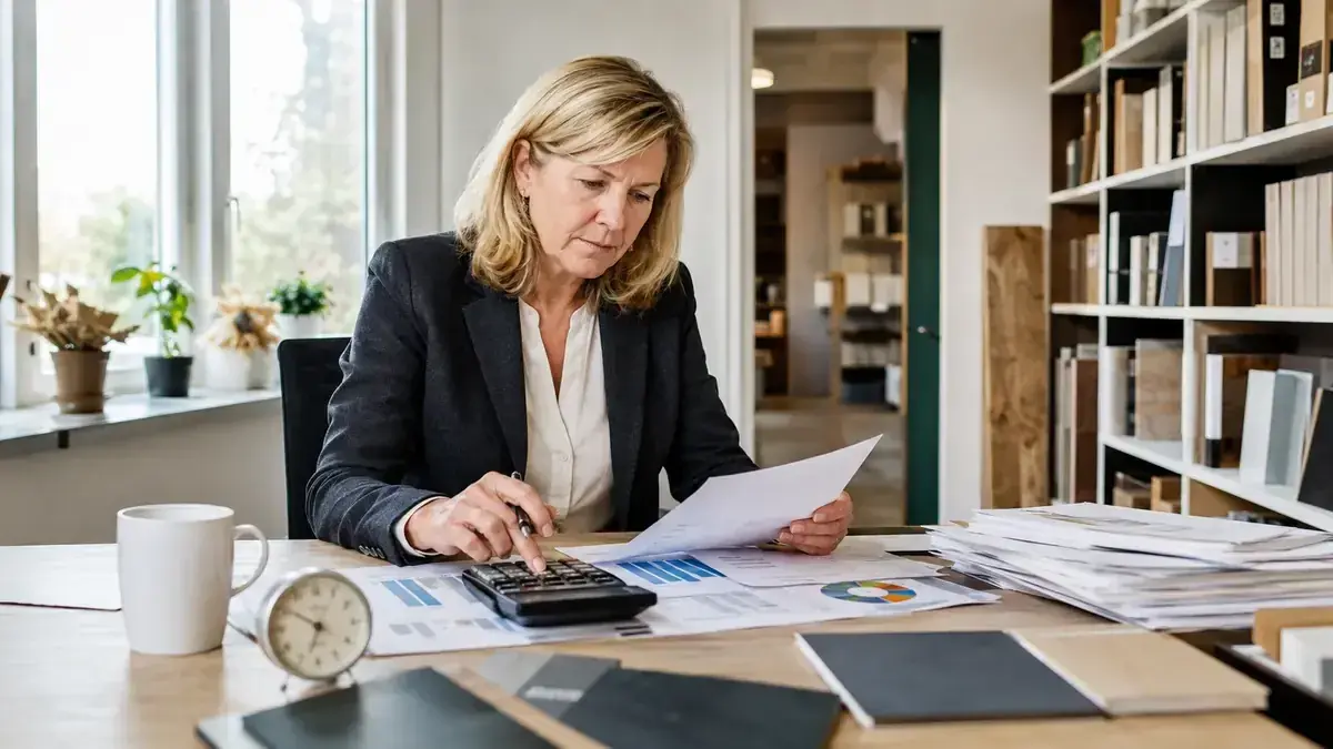 Finanzkennzahlen, Diagramme und ein Taschenrechner mit Uhr und Forderungsunterlagen – Symbolbild zum Beitrag „Offene Posten und Basiszinssatz 1,52 %: Verzugszinsen korrekt aktualisieren“.