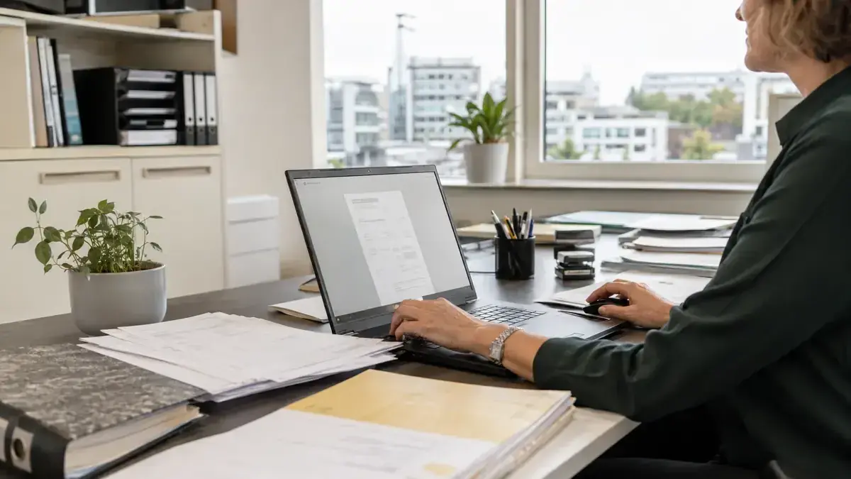 digitale Rechnungserfassung an einem Laptop mit digitalem Rechnungsdokument – Symbolbild zum Beitrag „Offene Posten und Gutschriften: Verrechnung transparent dokumentieren“.
