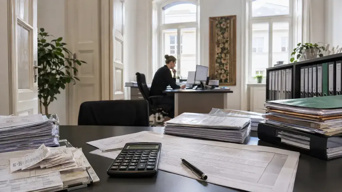 Calculator, receipts and financial records with structured open-item table – editorial image for “Open receivables and master data quality: why addresses and contacts are decisive”.