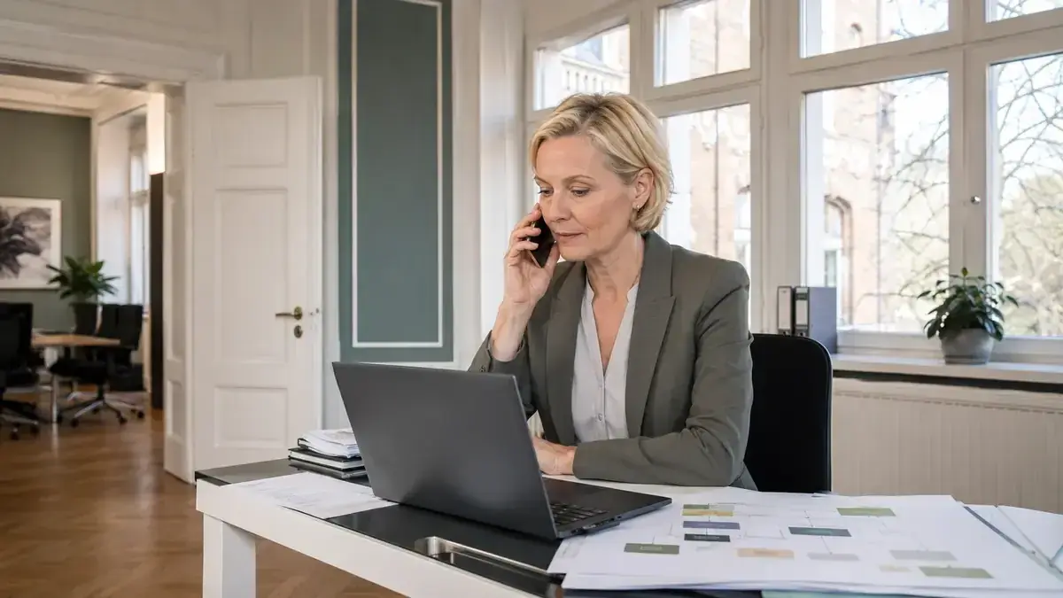 Mitarbeiterin im telefonischen Kundengespräch an einem Laptop mit strukturiertem Prozessdiagramm – Symbolbild zum Beitrag „Offene Posten vermeiden: Die zehn häufigsten Prozessfehler“.