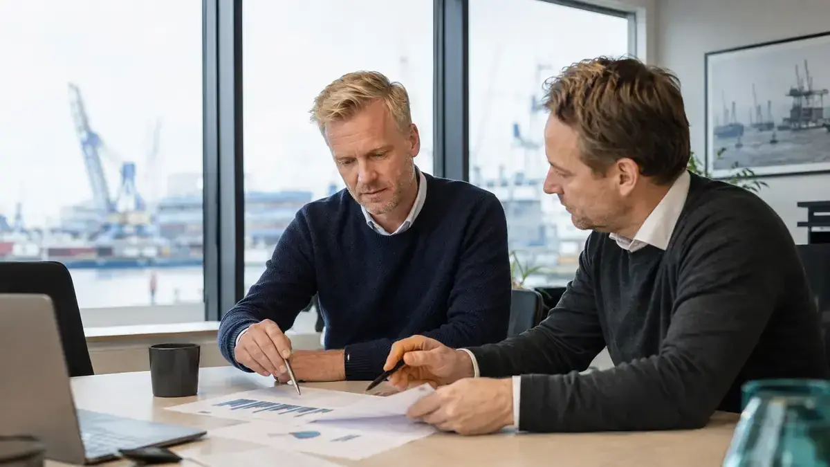 Two professionals jointly reviewing a business case with clear performance chart – editorial image for “Invoice is not paid 2026: which default risks businesses should monitor now”.