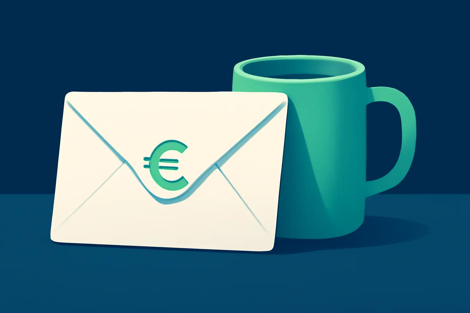 Briefumschlag an einer Kaffeetasse mit mintgrünem Lichtakzent – Symbolbild zum Thema Rechnung wird nicht bezahlt