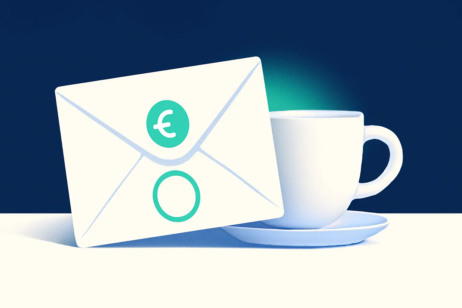 An envelope resting against a coffee cup with a mint accent light – illustration for the topic Unpaid invoices