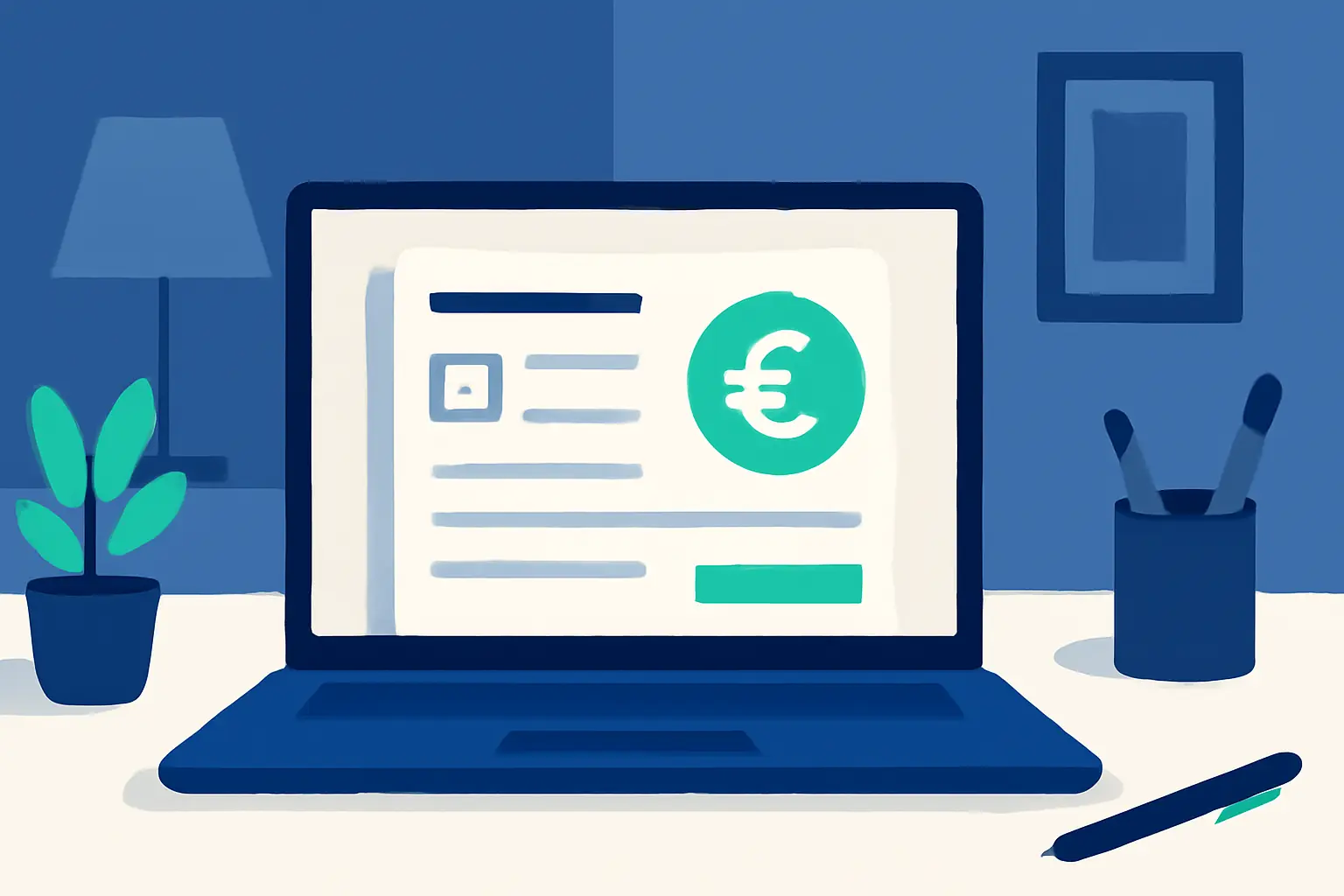 A laptop showing an abstract form layout on a tidy desk – illustration for the topic Unpaid invoices