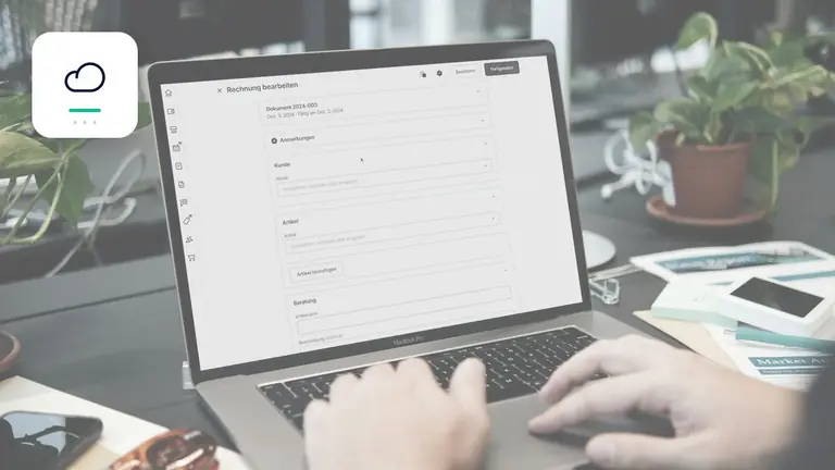Gestión digital de facturas en un portátil con símbolo de nube y facturación – imagen editorial para «Factura no pagada en una suscripción o contrato SaaS: cómo comprobar duración y rescisión».