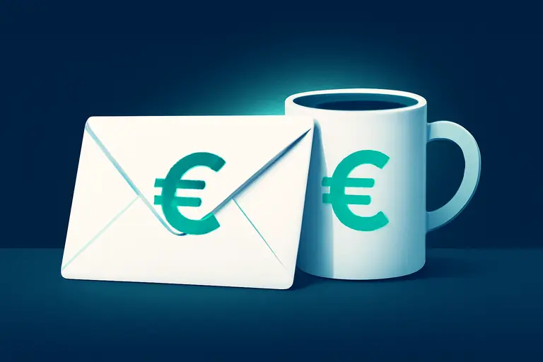 Briefumschlag an einer Kaffeetasse mit mintgrünem Lichtakzent – Symbolbild zum Thema Rechnung wird nicht bezahlt