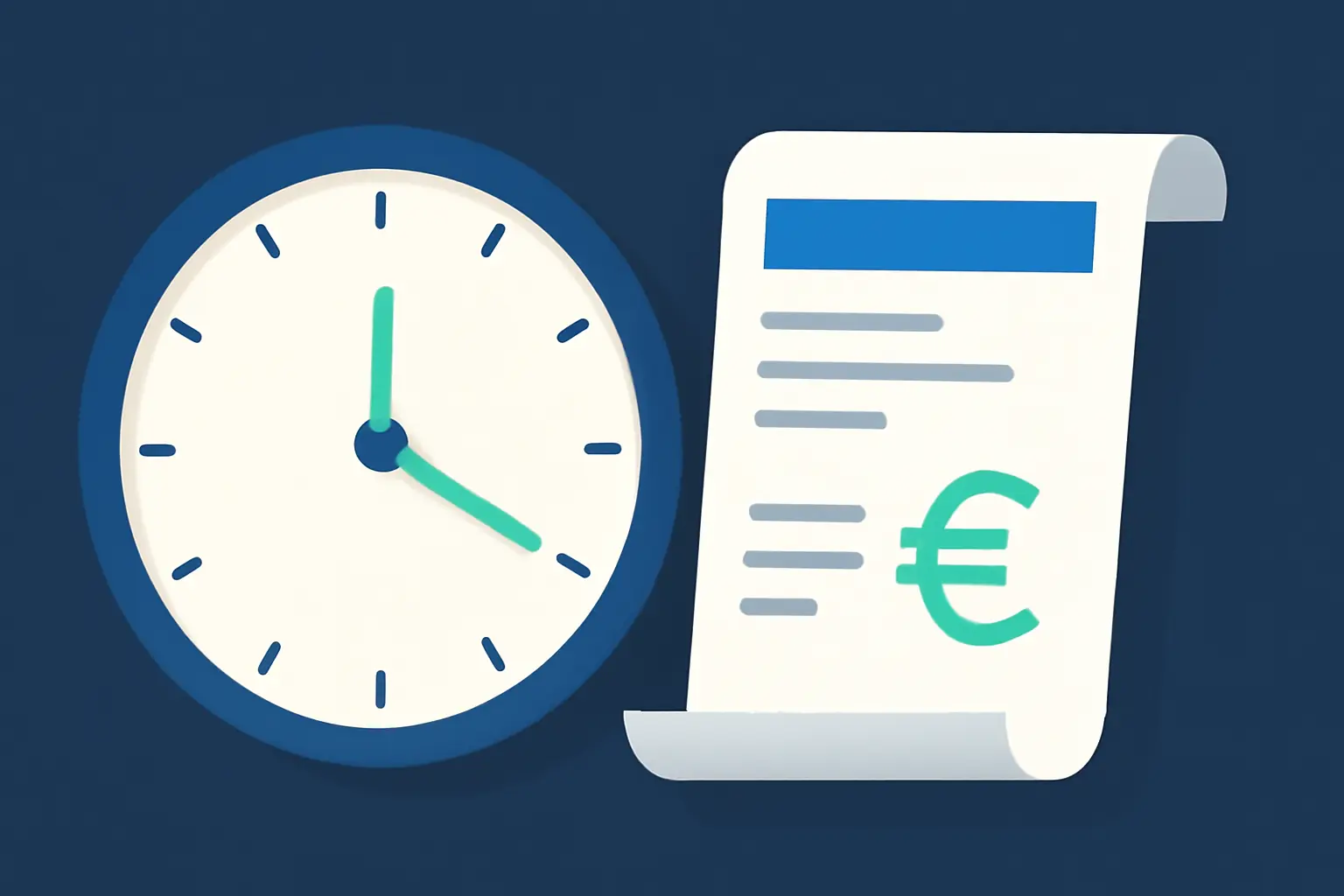 A stylised clock face with a mint hand next to a folded document – illustration for the topic Unpaid invoices