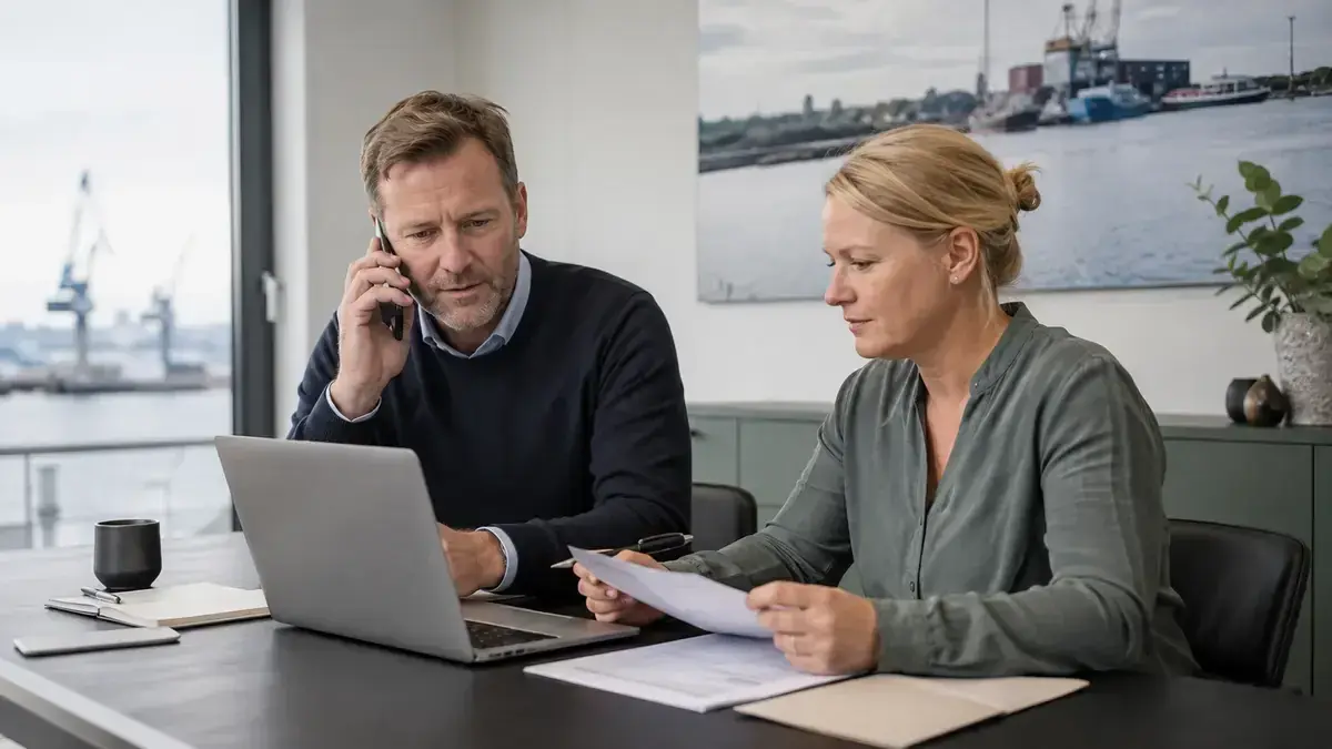 Professional in a modern office with a laptop and phone with digital invoice document – editorial image for “Invoice is not paid nach einer e-rechnung: how to check format, receipt and due date”.