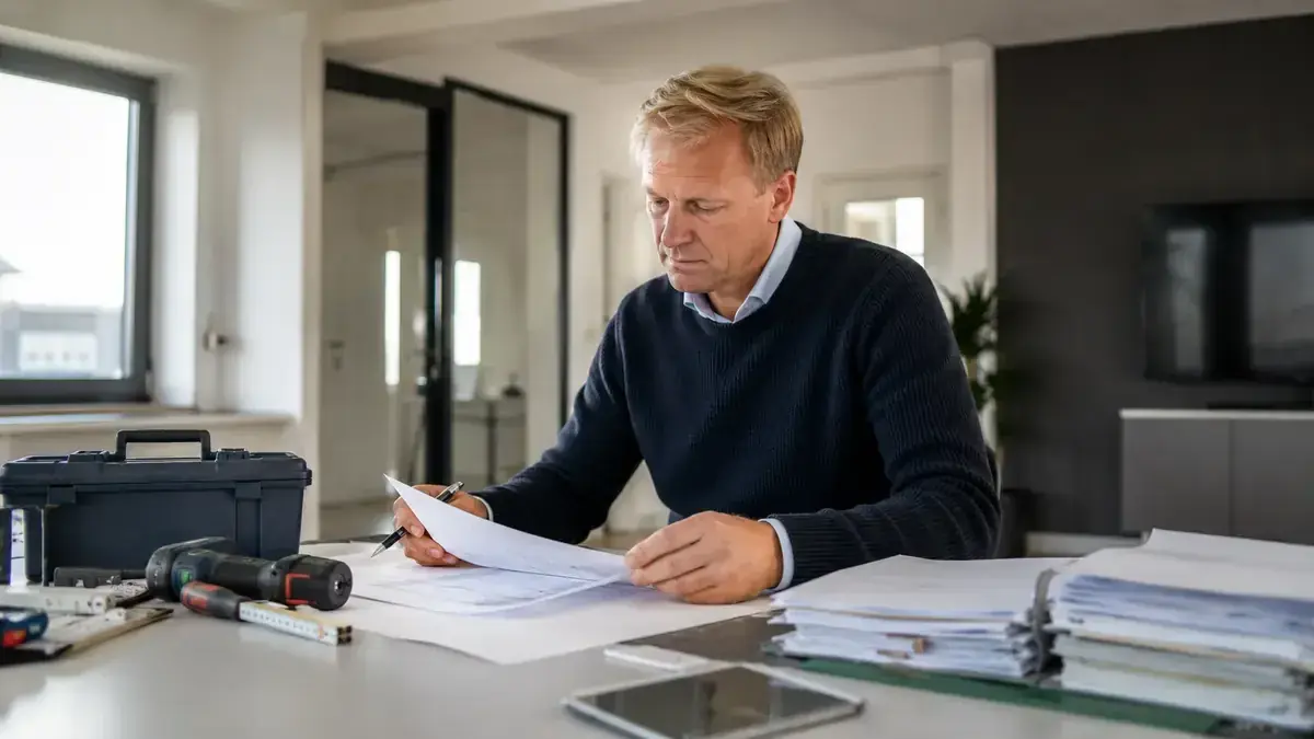 Fachkraft auf einer Baustelle mit dokumentierbaren Arbeitsleistungen mit Werkzeug- und Dokumentationssymbol.