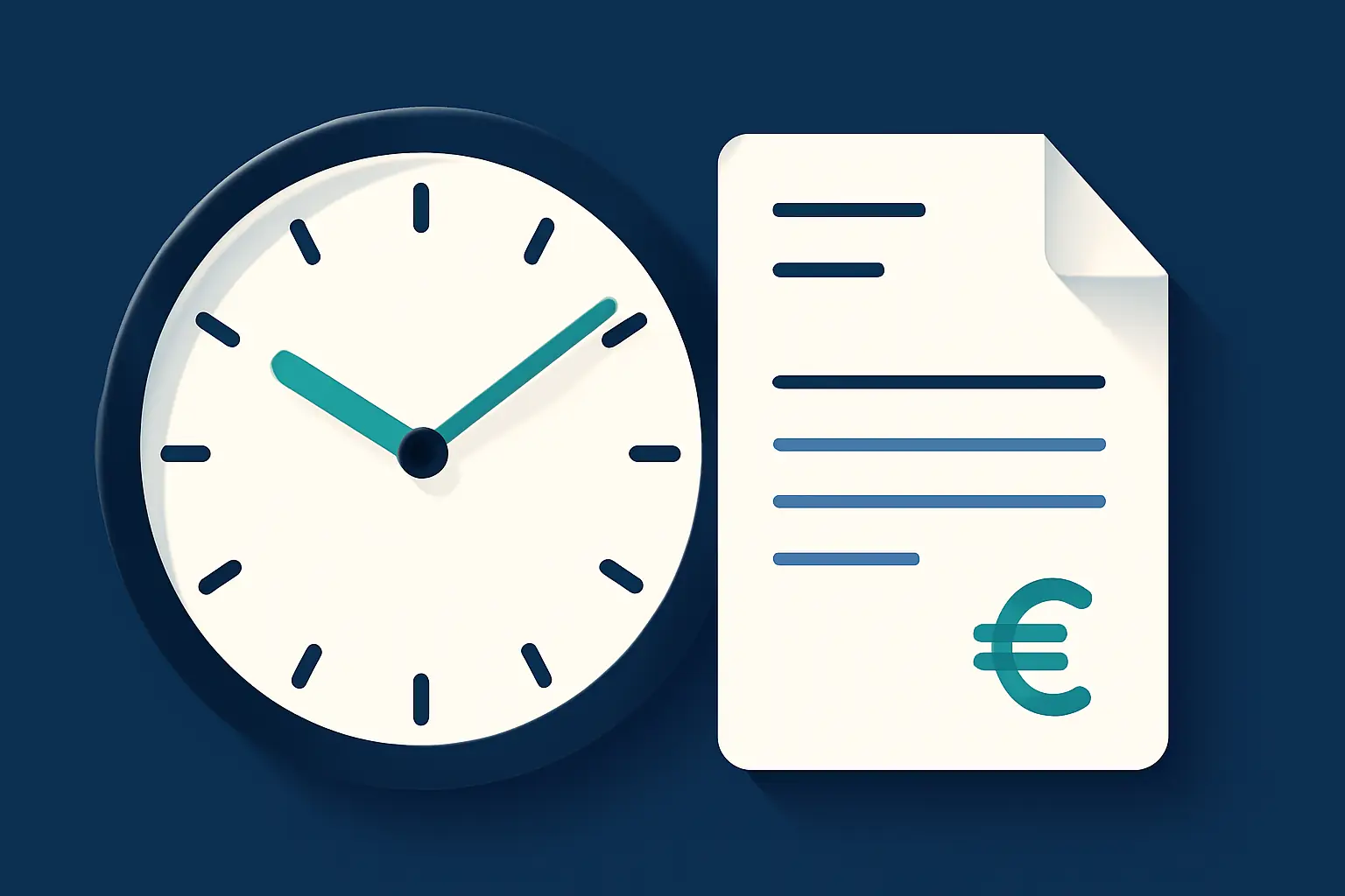 Stilisiertes Zifferblatt mit mintgrünem Zeiger neben einem gefalteten Dokument – Symbolbild zum Thema Rechnung wird nicht bezahlt