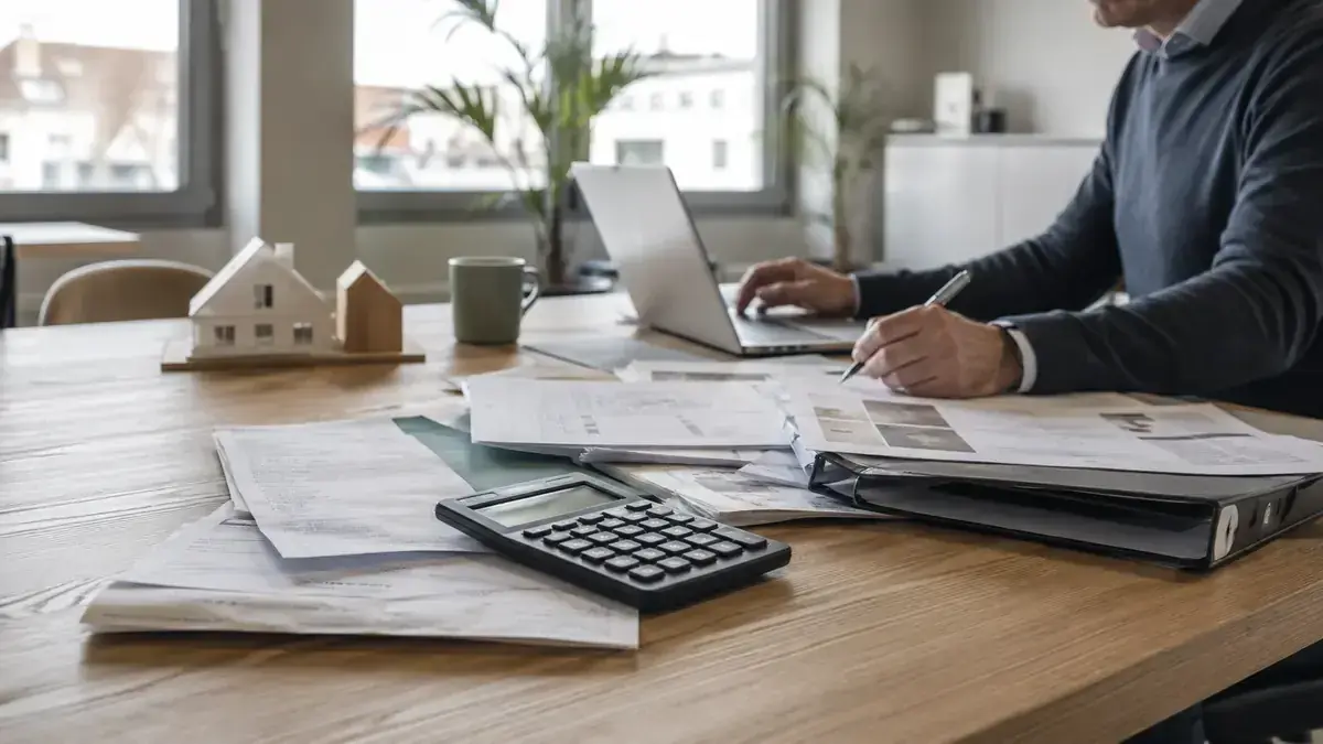 Calculator, receipts and financial records with property and payment symbol – editorial image for “Invoice is not paid after rental or lease: how to separate claim types cleanly”.