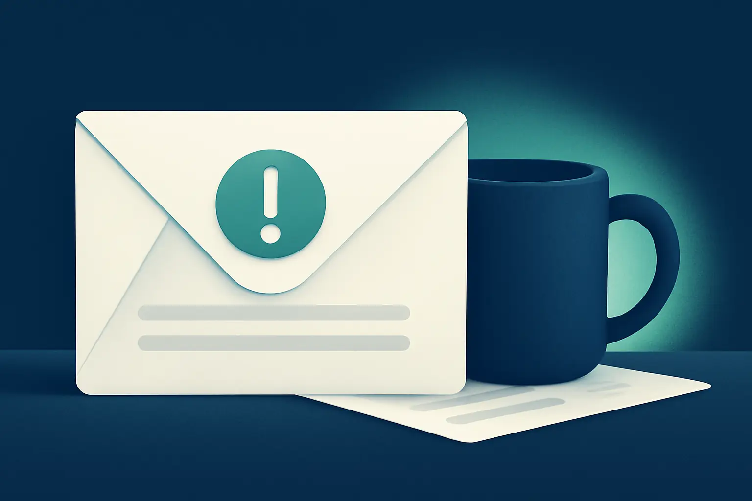 An envelope resting against a coffee cup with a mint accent light – illustration for the topic Unpaid invoices